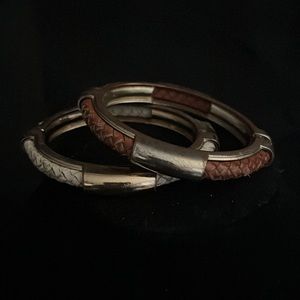 Vintage Gold tone hinged Bangle Bracelets with cream and brown leather.
